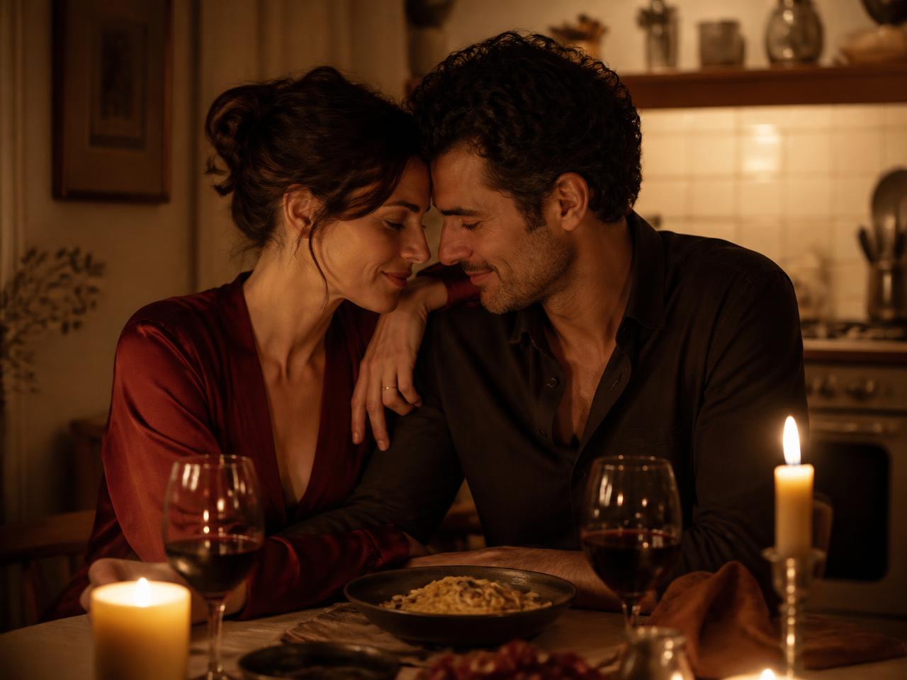 Casal sentado junto à mesa da cozinha à noite, à luz de velas